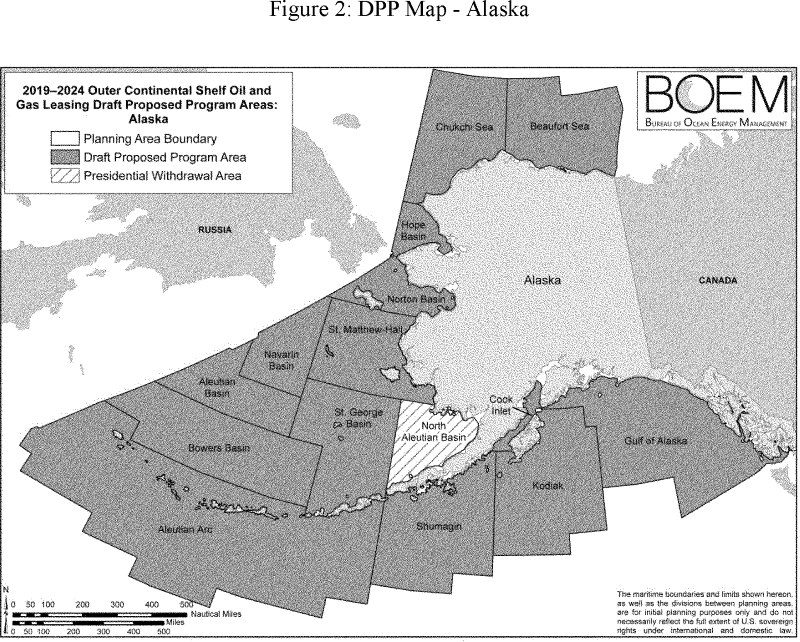 map of Alaska with adjoining proposed ocean drilling regions